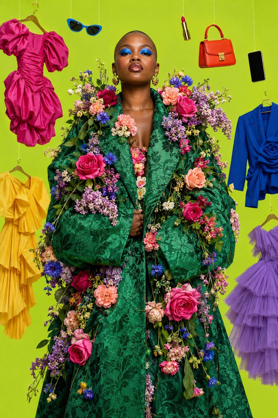 Creadora con abrigo cubierto de flores rodeada de prendas y objetos flotando sobre fondo lima