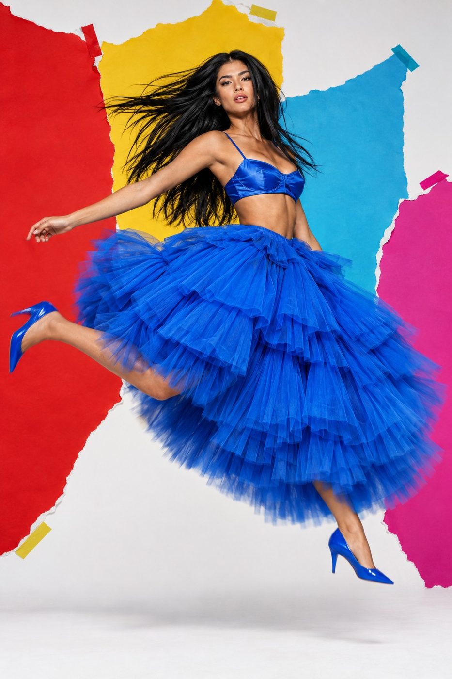 Creadora en pleno salto con falda de tul azul sobre formas de papel de colores