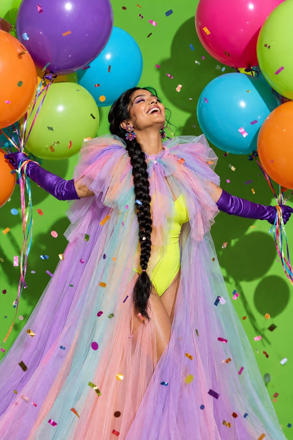 Creadora celebrando entre globos y confeti sobre fondo verde